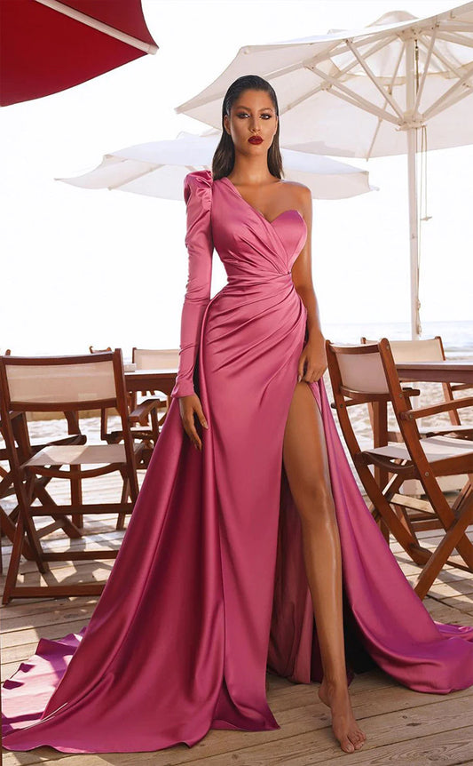 RP388-Classic A-Line Sweetheart One Long Sleeve Satin Long Prom Evening Dresses Formal Party Gowns With Side Slit