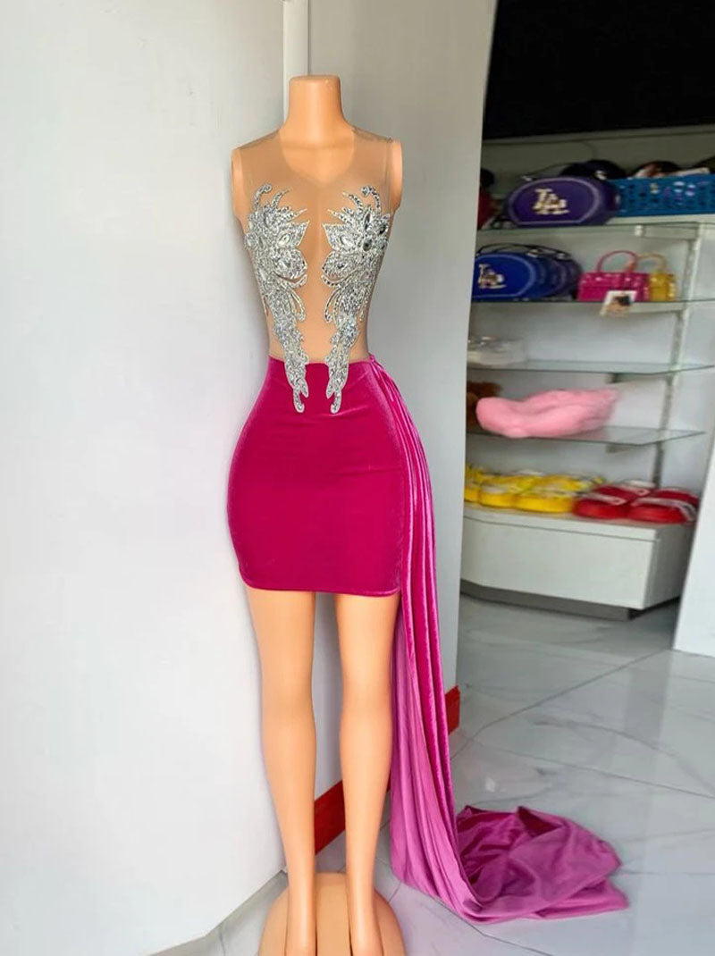 Sexy Velvet Blue Fuchsia Sheath Shiny Rhinestone Appliques O Neck Transparent Above Train Knee Party Gowns Women Dress for Homecoming Graduation Party Cocktail Custom