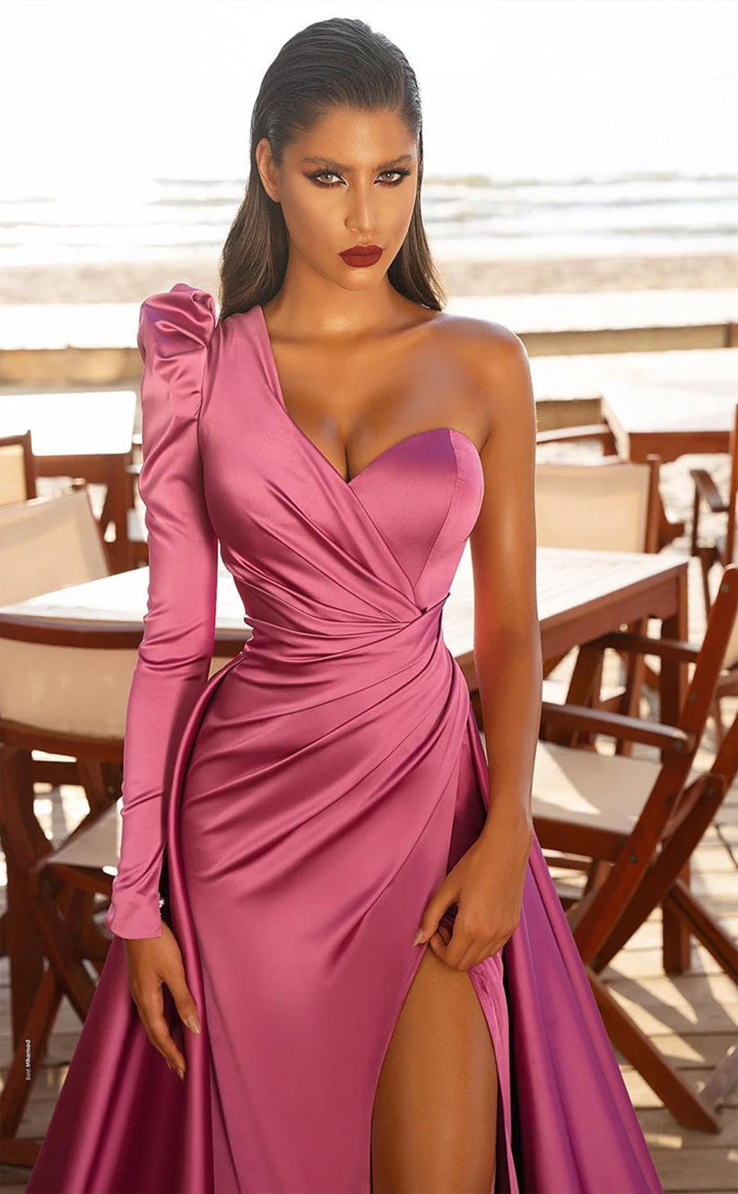 RP388-Classic A-Line Sweetheart One Long Sleeve Satin Long Prom Evening Dresses Formal Party Gowns With Side Slit