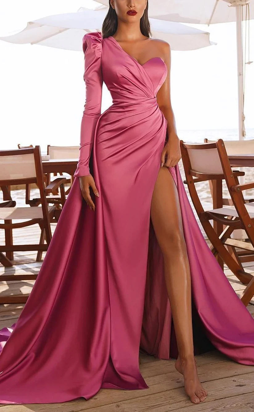 RP388-Classic A-Line Sweetheart One Long Sleeve Satin Long Prom Evening Dresses Formal Party Gowns With Side Slit