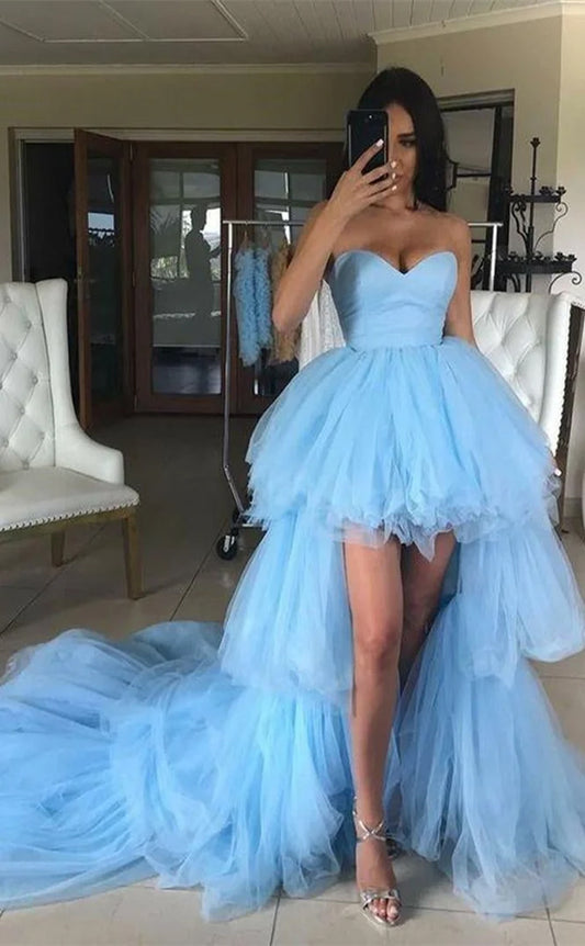 RP741-Elegant Royal Blue A-Line Sweetheart Ruffles Sleeveless Tulle Hi-Lo Prom Evening Dresses Formal Party Gowns