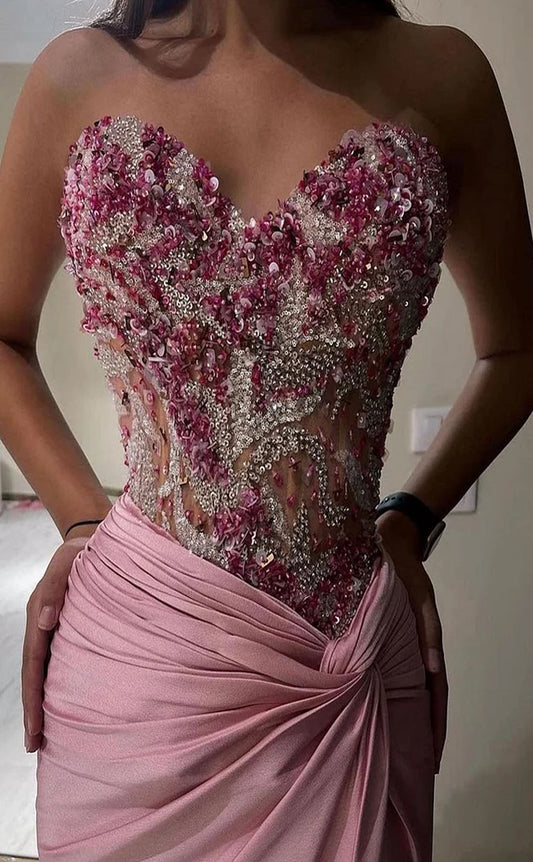 RP743-Elegant Mermaid Sweetheart Beads Ruched Sequins Sleeveless Long Prom Evening Dresses Formal Party Gowns With Slit