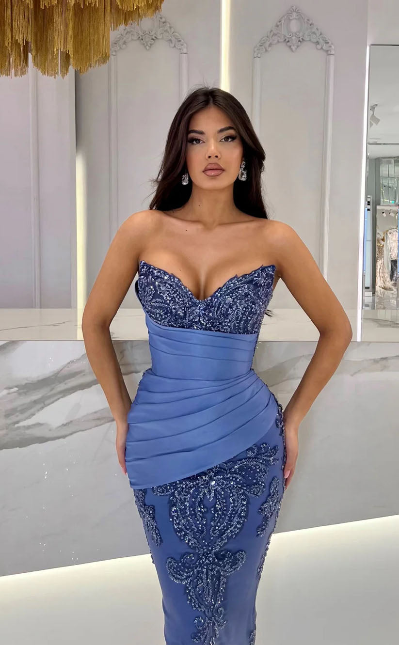 RP1745-Elegant Blue Mermaid Sweetheart Appliqued Sequins Sleeveless Satin Prom Evening Dresses Formal Party Gowns