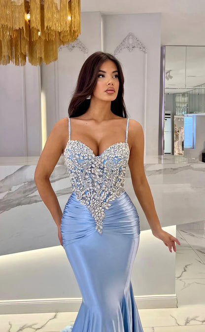 RP1746-Fashionable Sky Blue Mermaid Spaghetti Crystals Sleeveless Satin Prom Evening Dresses Formal Party Gowns With Train