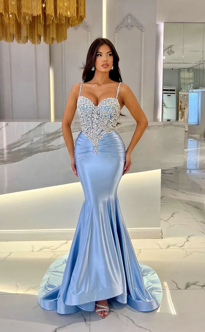 RP1746-Fashionable Sky Blue Mermaid Spaghetti Crystals Sleeveless Satin Prom Evening Dresses Formal Party Gowns With Train