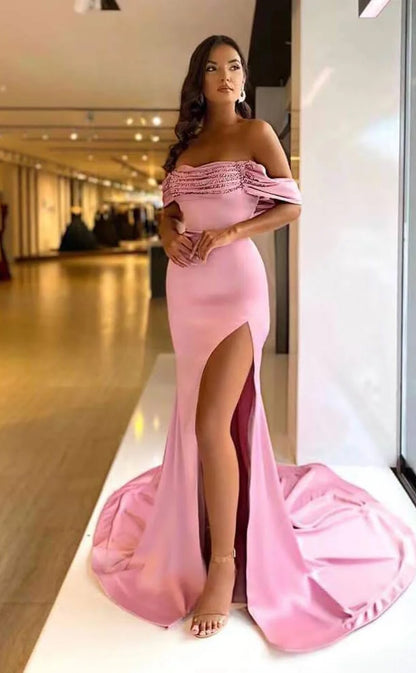 RP747-Elegant Pink Mermaid Off-the-Shoulder Ruched Beads Cap Sleeves Long Prom Evening Dresses Formal Party Gowns With Slit