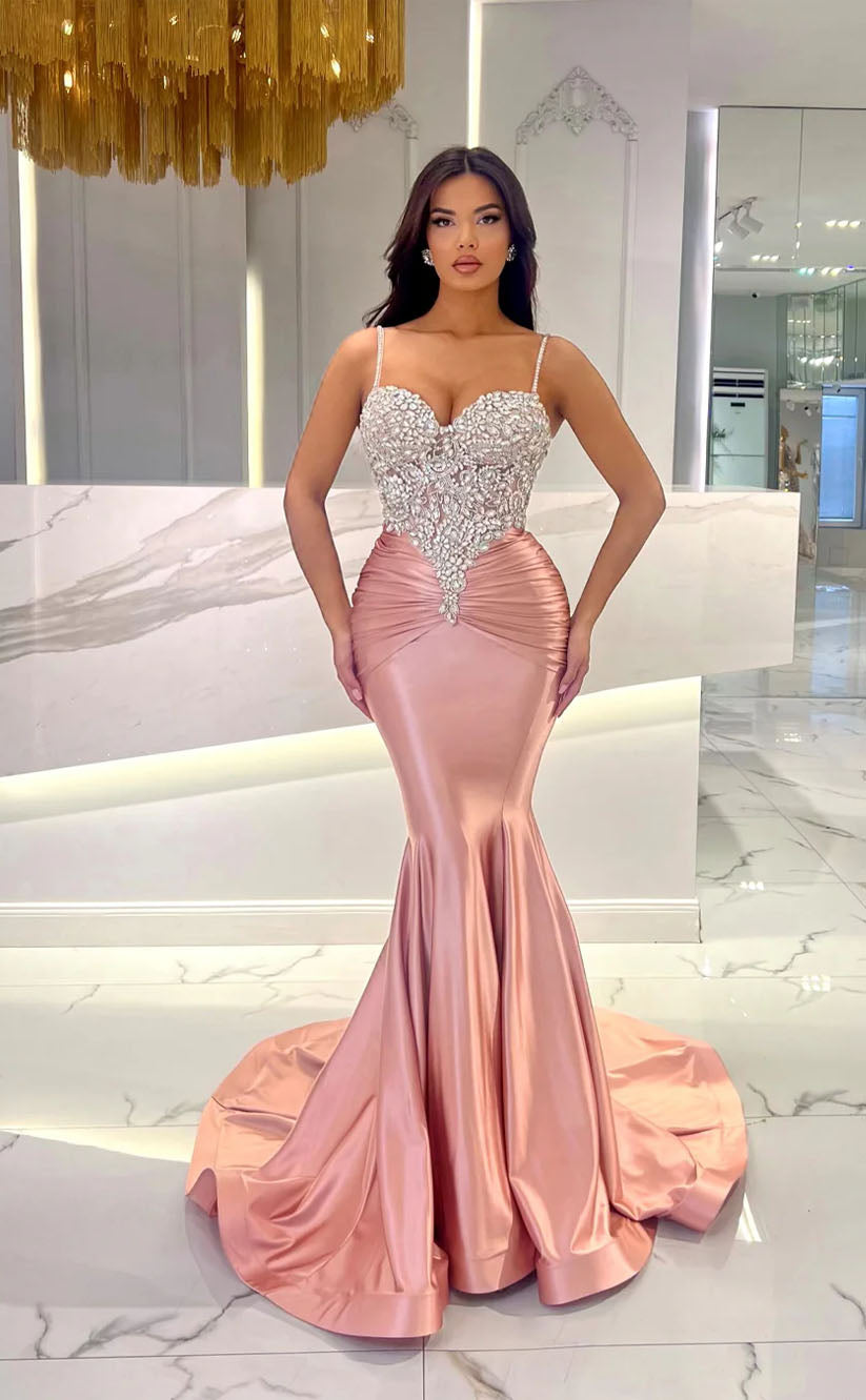 RP1747-Fashionable Pink Mermaid Spaghetti Crystals Sleeveless Satin Prom Evening Dresses Formal Party Gowns With Train