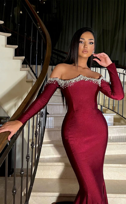 RP1740-Elegant Burgundy Mermaid Off-the-Shoulder Crystals Long Sleeves Prom Evening Dresses Formal Party Gowns With Train