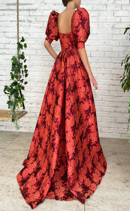 RP174-A-Line Strapless Puffy Sleeves Pleated Long Prom Evening Dresses Formal Party Gowns With Slit