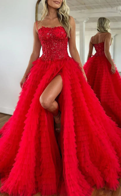 RP389-Modern A-Line Spaghetti Pleated Sequins Ruffles Sleeveless Tulle Long Prom Evening Dresses Formal Party Gowns With Slit