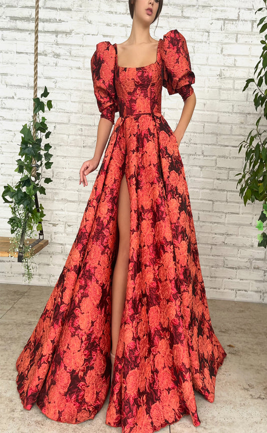 RP174-A-Line Strapless Puffy Sleeves Pleated Long Prom Evening Dresses Formal Party Gowns With Slit
