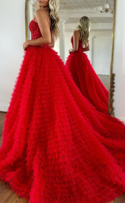 RP389-Modern A-Line Spaghetti Pleated Sequins Ruffles Sleeveless Tulle Long Prom Evening Dresses Formal Party Gowns With Slit