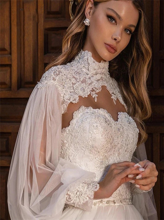 Charming A-Line Wedding Dresses Sweetheart High Neck Appliques Beads Detachable Long Sleeves Court Train Organza Bridal Gowns