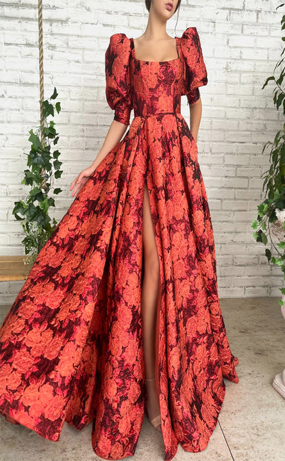 RP174-A-Line Strapless Puffy Sleeves Pleated Long Prom Evening Dresses Formal Party Gowns With Slit