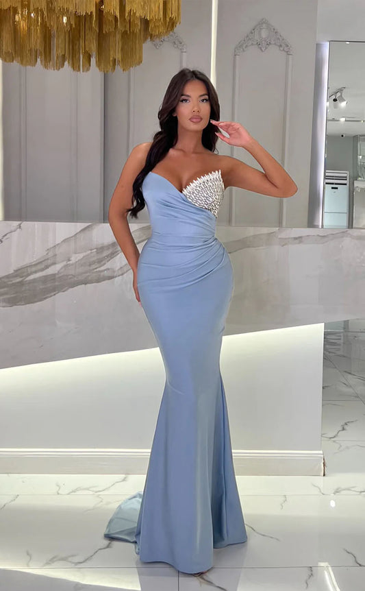 RP1741-Elegant Sky Blue Mermaid Sweetheart Crystals Sleeveless Satin Prom Evening Dresses Formal Party Gowns With Train