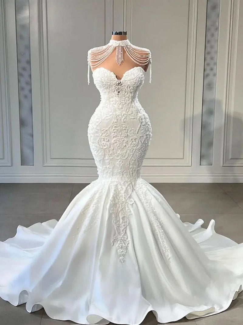 Romantic & Charming Mermaid Wedding Dresses Sweetheart Beads Tassel Sleeveless Tulle Sweep Train Bridal Gowns Custom Made