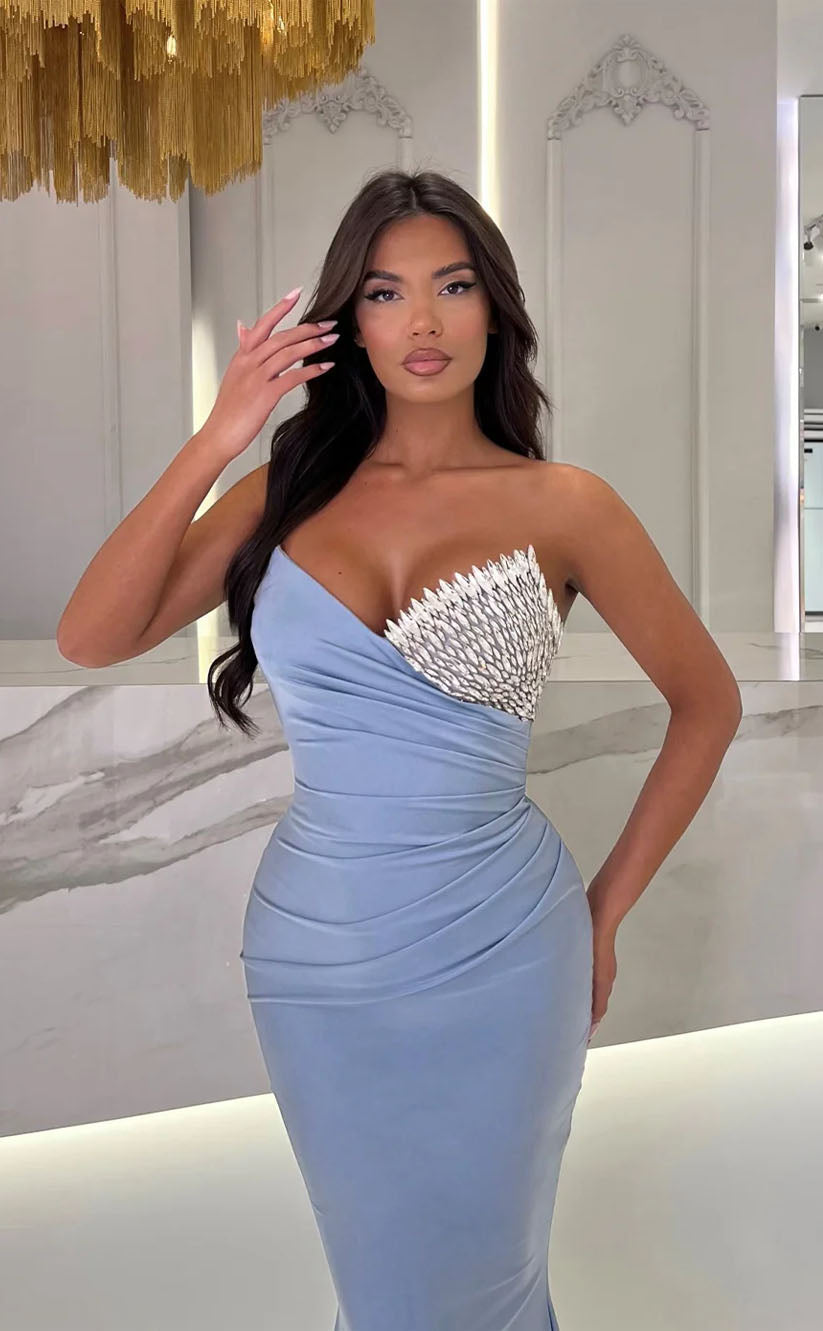 RP1741-Elegant Sky Blue Mermaid Sweetheart Crystals Sleeveless Satin Prom Evening Dresses Formal Party Gowns With Train