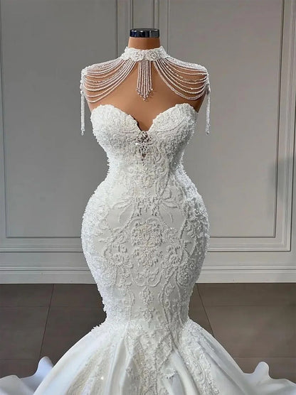 Romantic & Charming Mermaid Wedding Dresses Sweetheart Beads Tassel Sleeveless Tulle Sweep Train Bridal Gowns Custom Made