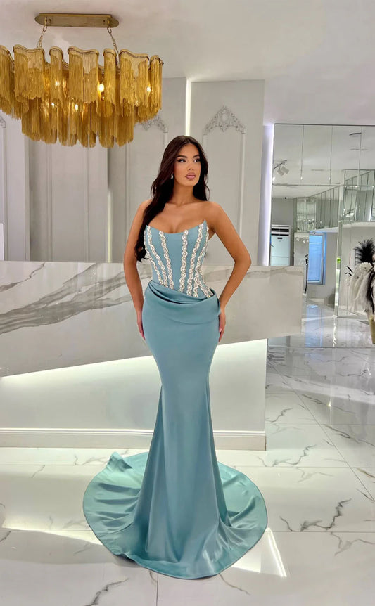 RP1742-Elegant Sky Blue Mermaid Sweetheart Appliqued Sleeveless Satin Prom Evening Dresses Formal Party Gowns With Train