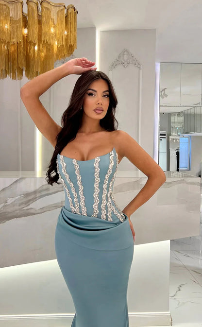 RP1742-Elegant Sky Blue Mermaid Sweetheart Appliqued Sleeveless Satin Prom Evening Dresses Formal Party Gowns With Train