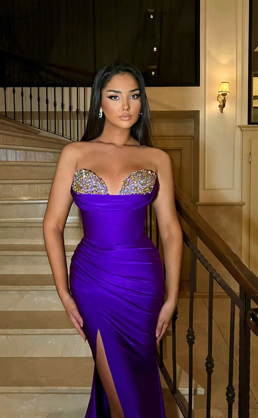 RP1743-Elegant Purple Mermaid Sweetheart Crystals Sleeveless Satin Prom Evening Dresses Formal Party Gowns With Slit