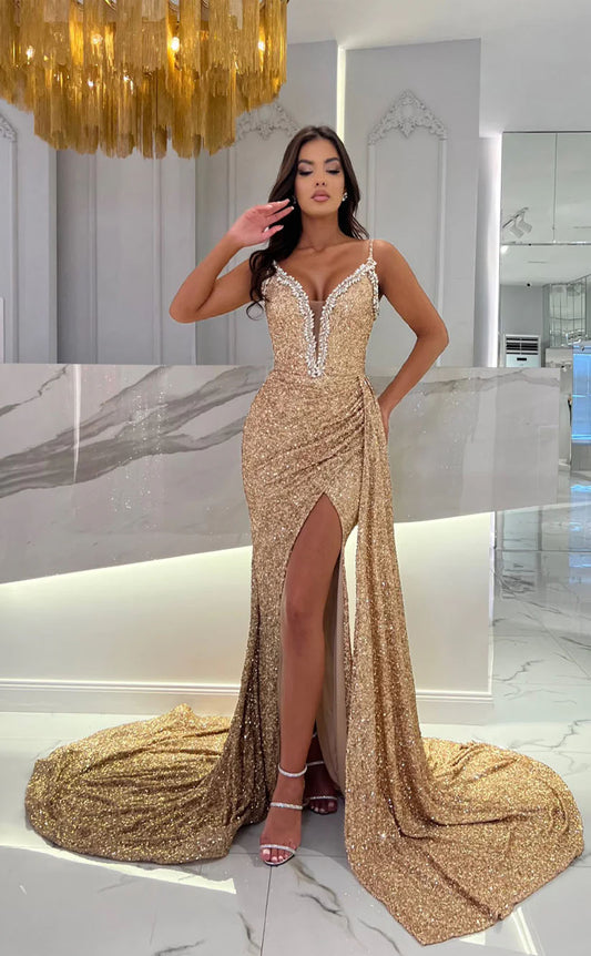 RP1739-Sparkling Champagne Mermaid Spaghetti Crystals Sleeveless Sequins Prom Evening Dresses Formal Party Gowns With Slit