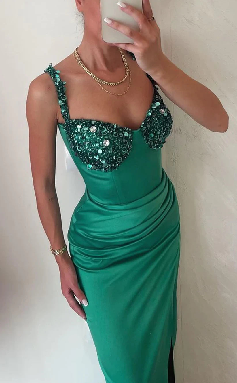 RP754-Elegant Green Mermaid Spaghetti Ruched Sequins Sleeveless Long Prom Evening Dresses Formal Party Gowns