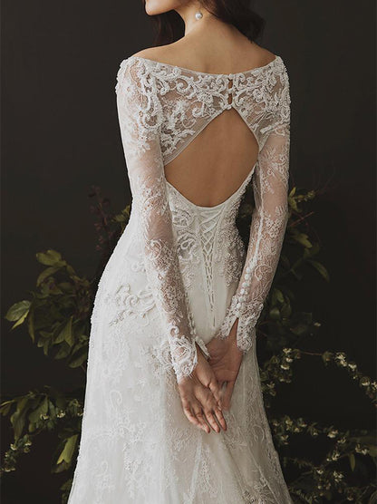 Sexy Mermaid Wedding Dresses V-Neck Beads Appliqued Long Sleeves Sweep Train Tulle Bridal Gowns Custom Made