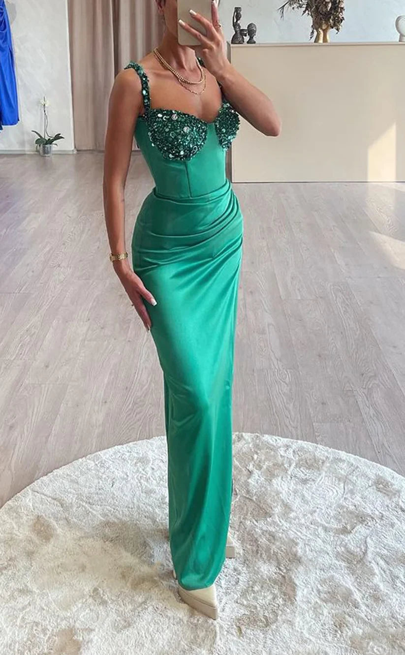 RP754-Elegant Green Mermaid Spaghetti Ruched Sequins Sleeveless Long Prom Evening Dresses Formal Party Gowns