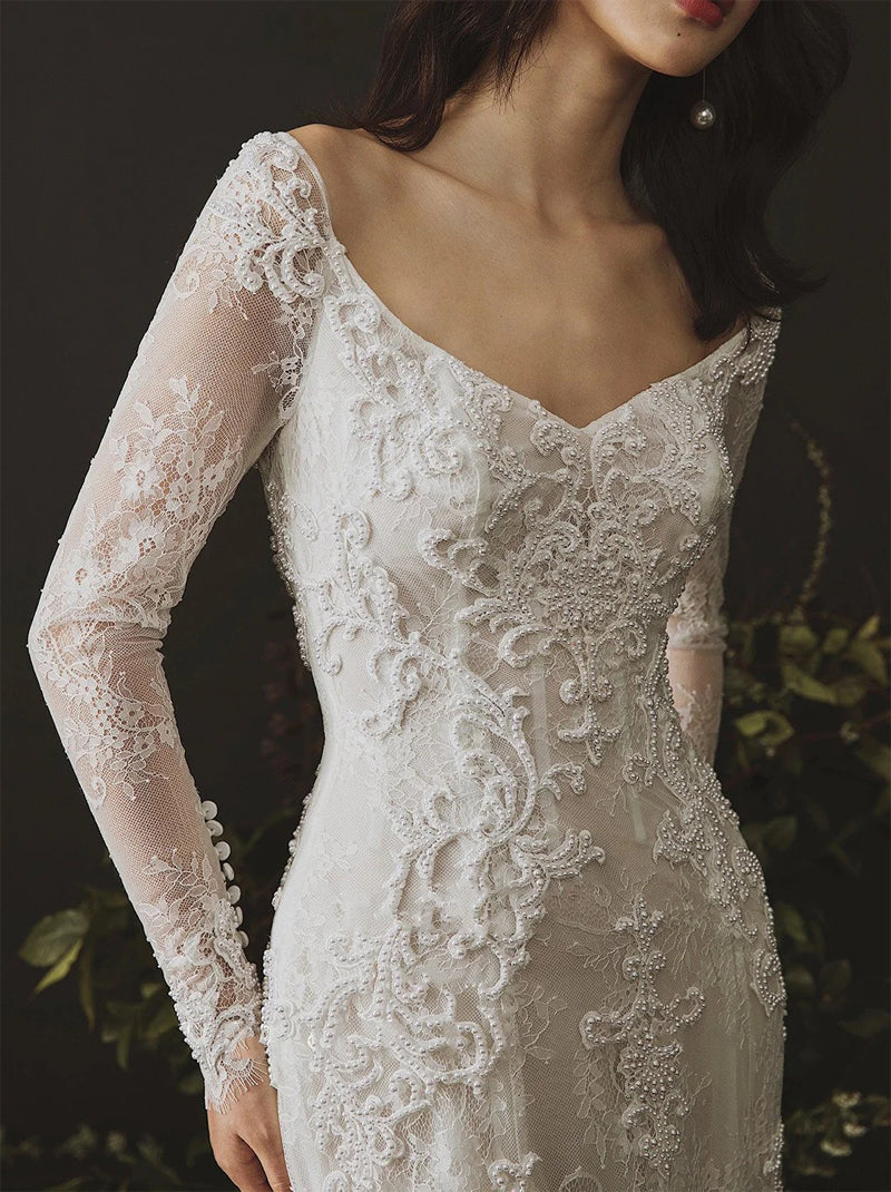 Sexy Mermaid Wedding Dresses V-Neck Beads Appliqued Long Sleeves Sweep Train Tulle Bridal Gowns Custom Made