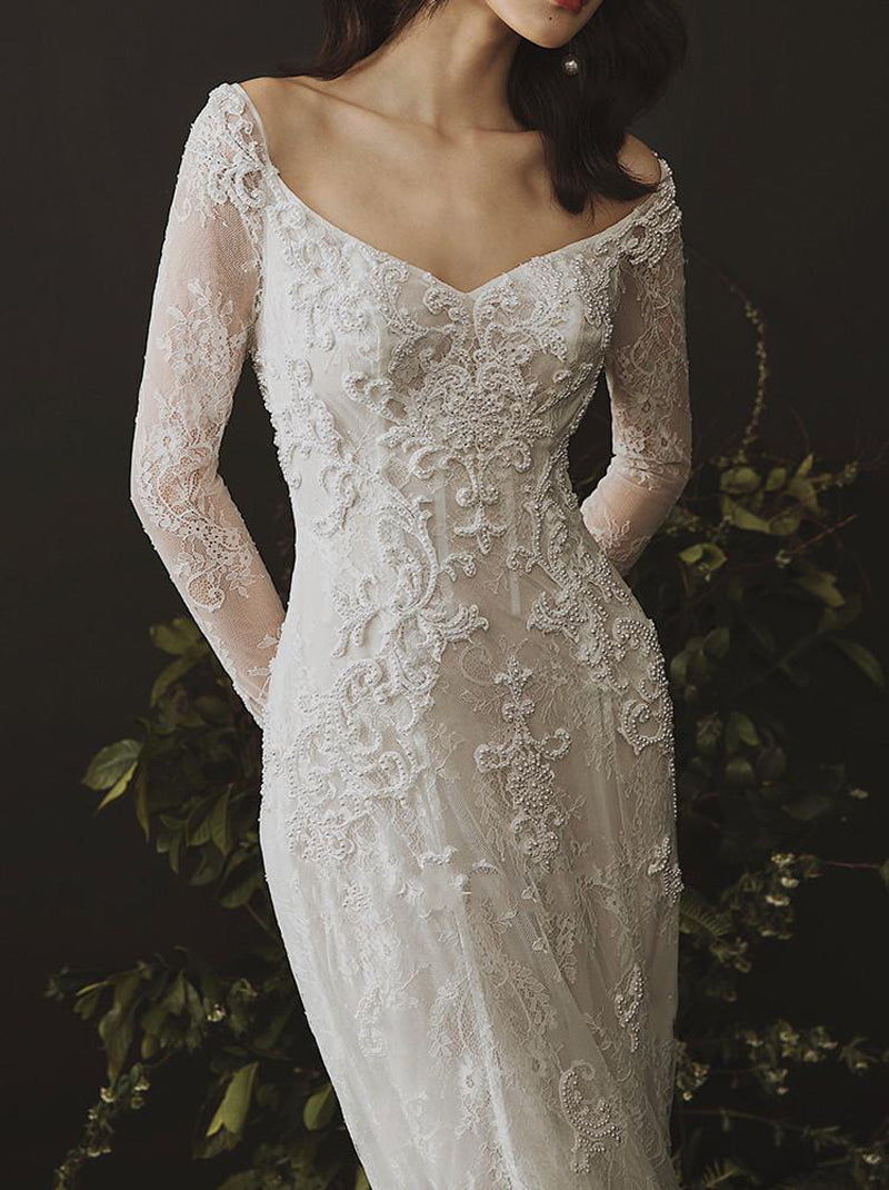 Sexy Mermaid Wedding Dresses V-Neck Beads Appliqued Long Sleeves Sweep Train Tulle Bridal Gowns Custom Made