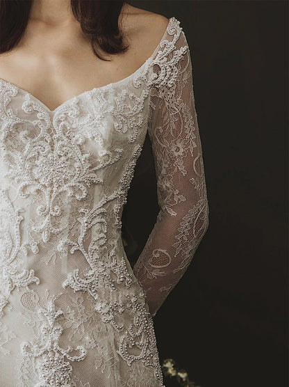 Sexy Mermaid Wedding Dresses V-Neck Beads Appliqued Long Sleeves Sweep Train Tulle Bridal Gowns Custom Made