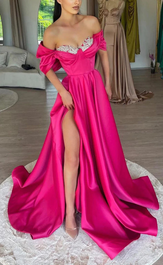 RP755-Elegant Fuchsia A-Line Off-the-Shoulder Ruched Crystals Cap Sleeves Long Prom Evening Dresses Formal Party Gowns With Slit