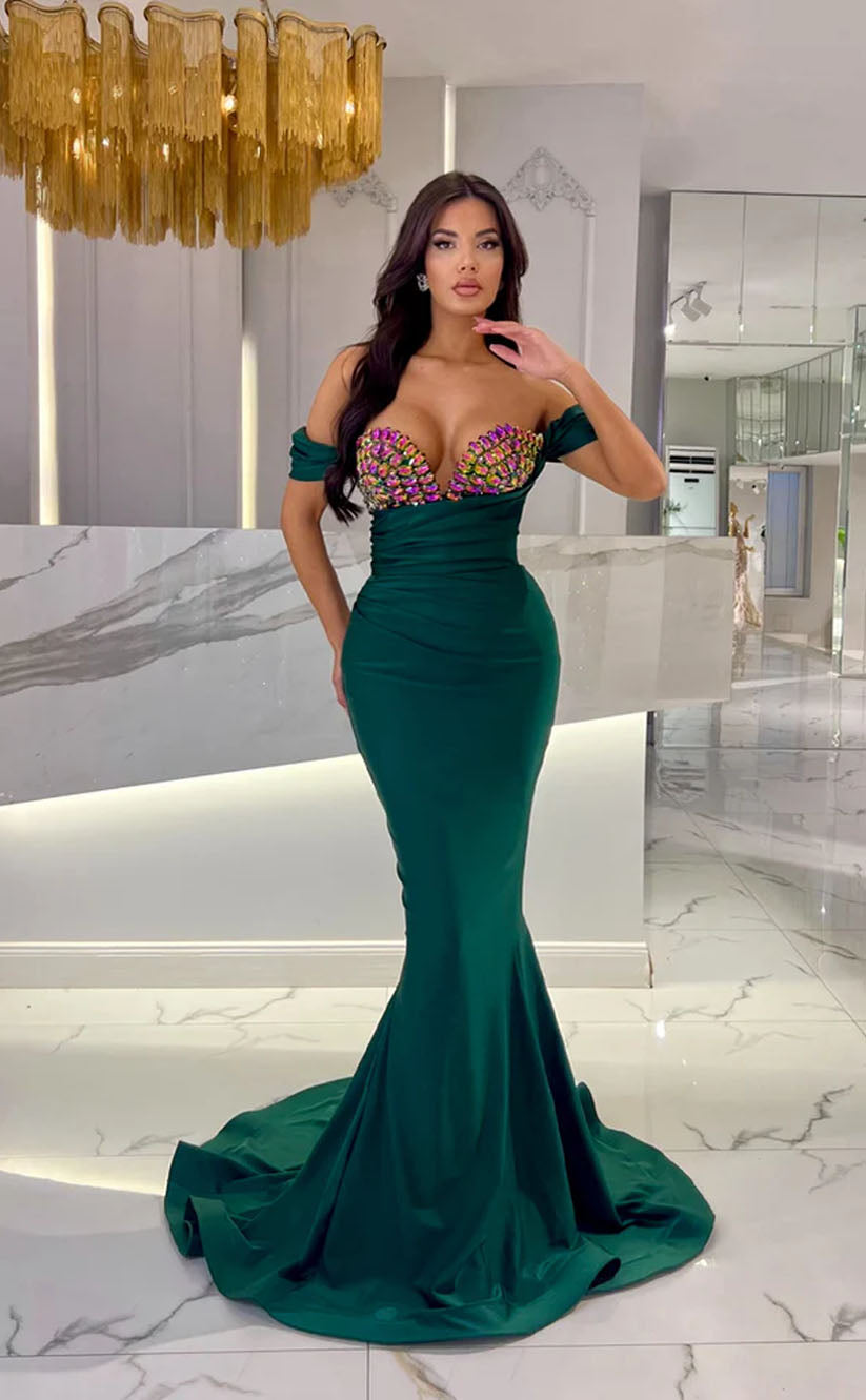 RP1737-Elegant Green Mermaid Off-the-Shoulder Crystals Ruched Cap Sleeves Prom Evening Dresses Formal Party Gowns With Train