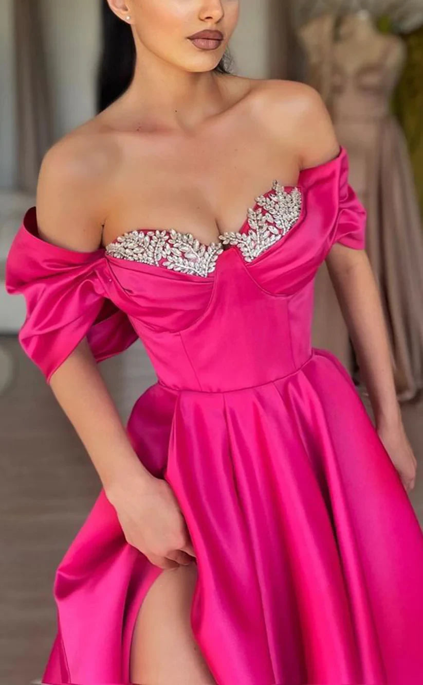 RP755-Elegant Fuchsia A-Line Off-the-Shoulder Ruched Crystals Cap Sleeves Long Prom Evening Dresses Formal Party Gowns With Slit