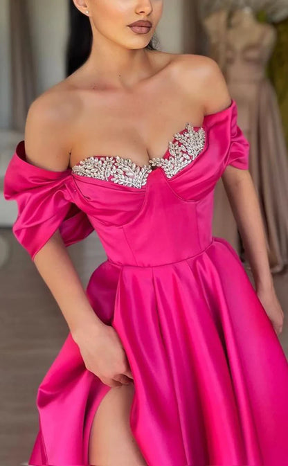 RP755-Elegant Fuchsia A-Line Off-the-Shoulder Ruched Crystals Cap Sleeves Long Prom Evening Dresses Formal Party Gowns With Slit