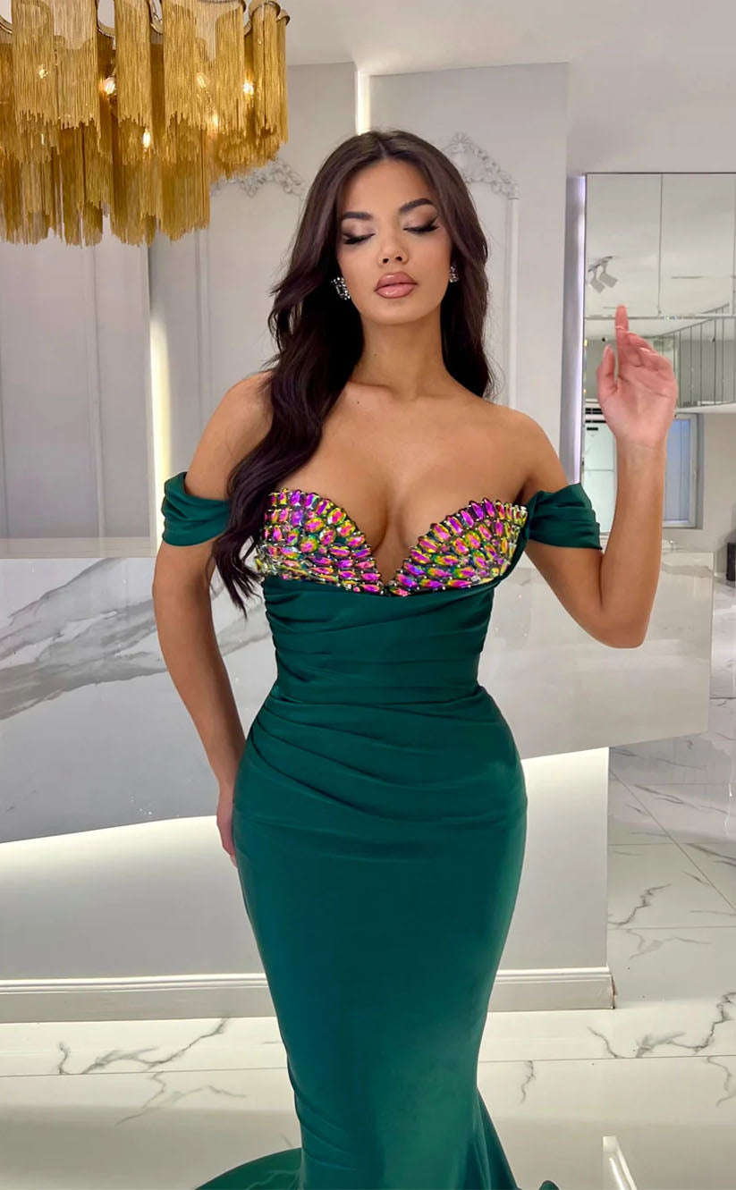 RP1737-Elegant Green Mermaid Off-the-Shoulder Crystals Ruched Cap Sleeves Prom Evening Dresses Formal Party Gowns With Train