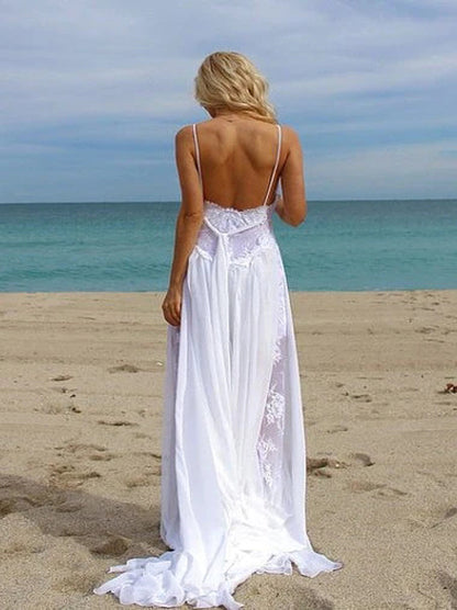 Beach A-Line Wedding Dresses Spaghetti Sleeveless Front Slit Lace Sweep Train Bridal Gowns Custom Made