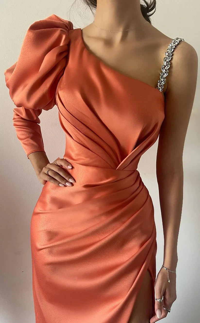 RP756-Elegant Mermaid Orange One Shoulder Ruched Crystals One Long Sleeve Long Prom Evening Dresses Formal Party Gowns With Slit