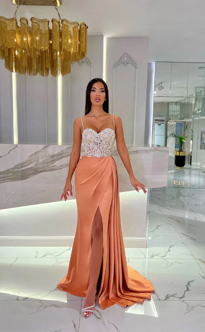 RP1736-Fashionable Orange Mermaid Spaghetti Crystals Sleeveless Satin Prom Evening Dresses Formal Party Gowns With Slit