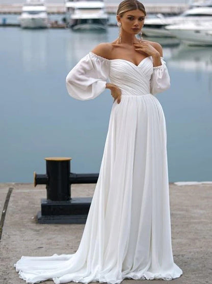 Simple A-Line Wedding Dresses Sweetheart Pleated Puffy Long Sleeves Zipper Sweep Train Chiffon Bridal Gowns Custom Made