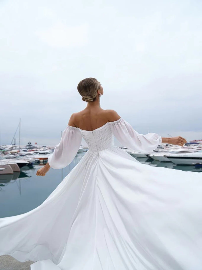 Simple A-Line Wedding Dresses Sweetheart Pleated Puffy Long Sleeves Zipper Sweep Train Chiffon Bridal Gowns Custom Made