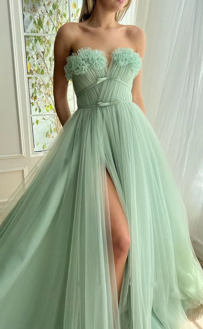 RP390-Modern Mint A-Line Sweetheart Pleated Sleeveless Tulle Long Prom Evening Dresses Formal Party Gowns With Slit