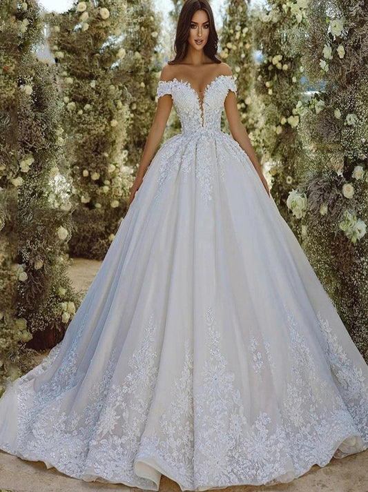 Elegant A-Line Wedding Dresses Off The Shoulder Cap Sleeves Beads Appliques Lace Up Court Train Bridal Gowns