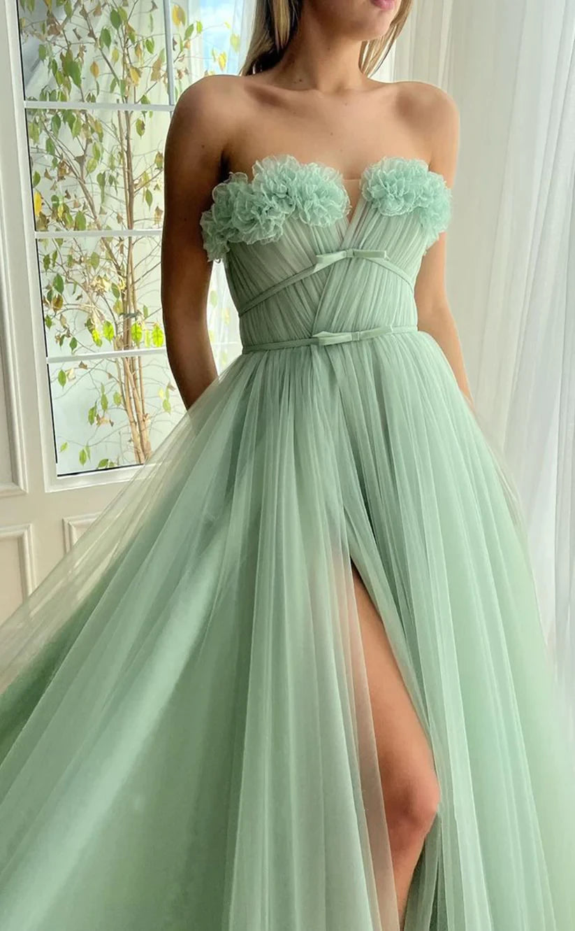 RP390-Modern Mint A-Line Sweetheart Pleated Sleeveless Tulle Long Prom Evening Dresses Formal Party Gowns With Slit