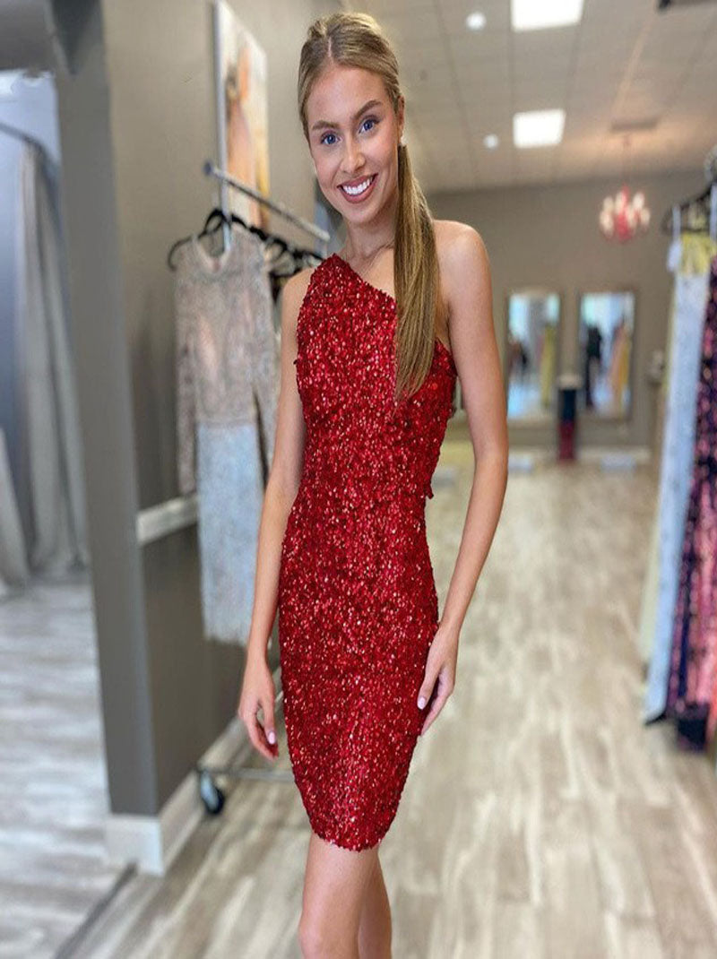 Sexy Sparkling Fuchsia Sheath One Shoulder Sequins Bodycon Short Homecoming Dresses 2023 for Teens Prom Gown Graduation Dresses for Girls