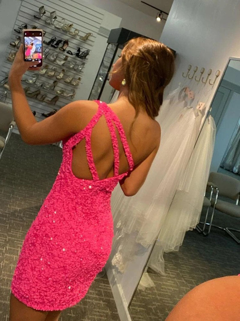 Sexy Sparkling Fuchsia Sheath One Shoulder Sequins Bodycon Short Homecoming Dresses 2023 for Teens Prom Gown Graduation Dresses for Girls