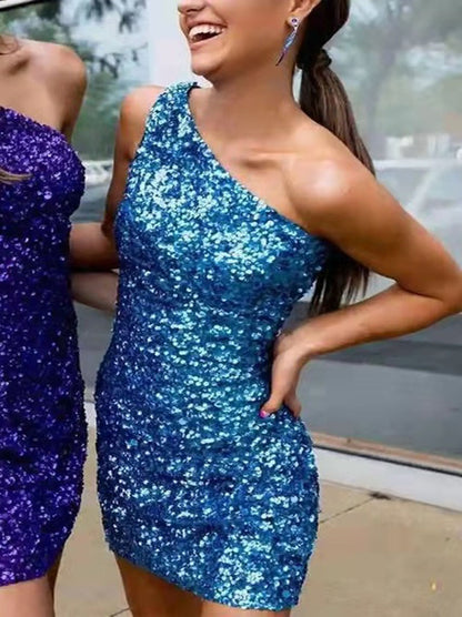 Sexy Sparkling Fuchsia Sheath One Shoulder Sequins Bodycon Short Homecoming Dresses 2023 for Teens Prom Gown Graduation Dresses for Girls