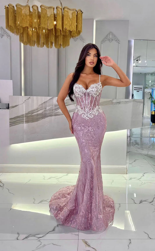 RP1734-Fashionable Mermaid Spaghetti Crystals Sequins Sleeveless Tulle Prom Evening Dresses Formal Party Gowns With Train