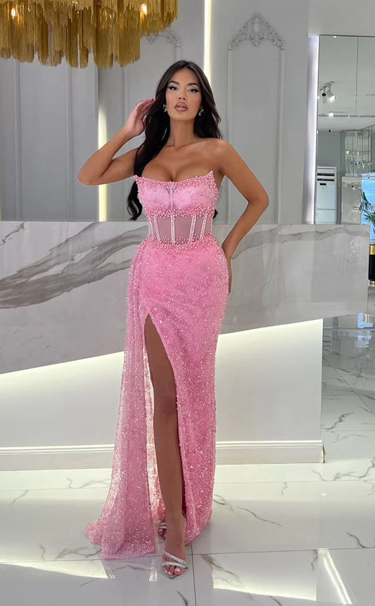 RP1733-Luxury Pink Mermaid Sweetheart Beaded Sleeveless Floor Length Sequins Prom Evening Dresses Formal Party Gowns With Slit